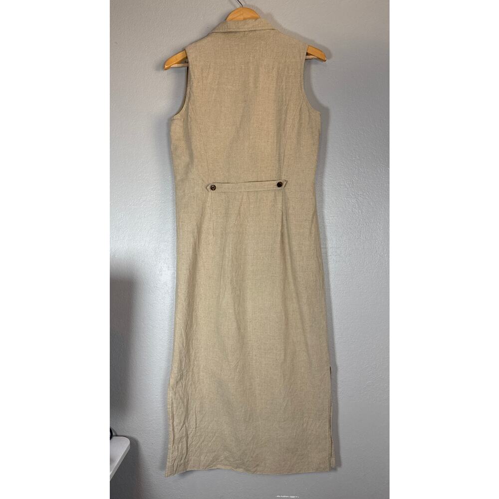 Vintage Linen Cotton Sleeveless Maxi Dress Sz 8 Khaki Minimalist Coastal Grandma - Picture 4 of 8